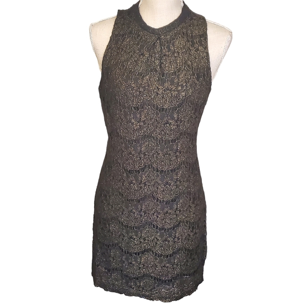LOVE FIRE | Women's black and gold metallic lace overlay sleeveless dress.